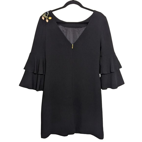 Trina Turk Leona embroidered V-back Sheath‎ black Tiered ruffled sleeves dress 8 - Picture 2 of 10